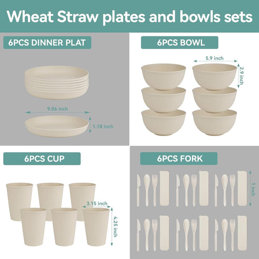 42PCS Wheat Straw Dinnerware Set – Unbreakable, Microwave-Safe & Reusable
